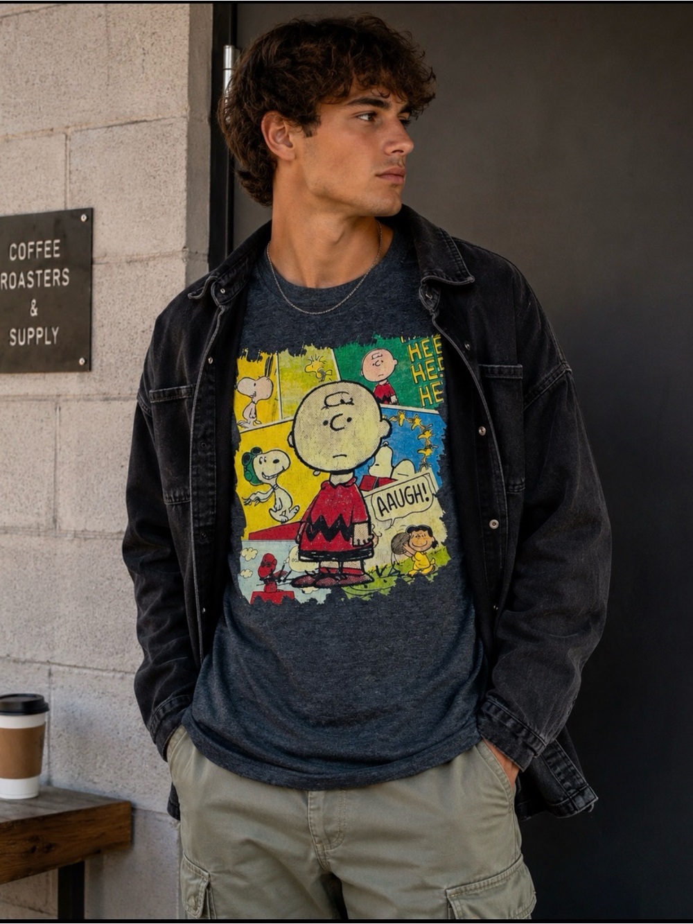 MEN’S PEANUTS HEATHERED GRAY CHARLIE BROWN GRAPHIC TSHIRT SIZE MEDIUM